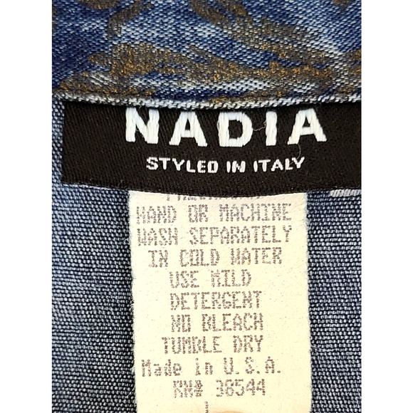 NADIA Blue Jean Jacket With Black Floral Design Button Up Size Large Made in USA - Picture 6 of 11